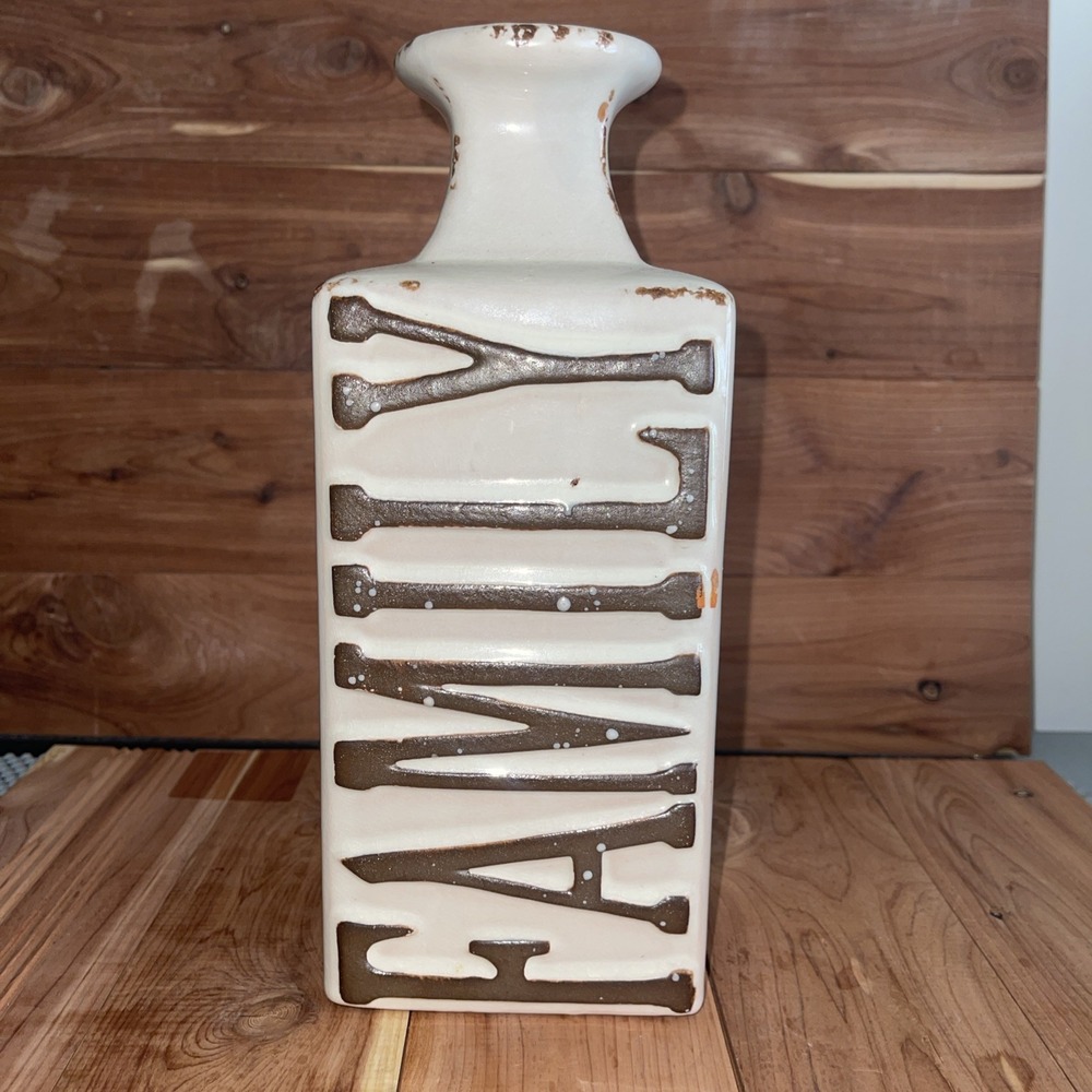 Hosley Pottery FAMILY Canister/Vase Off-White Glaze Brown Lettering Rustic Farm